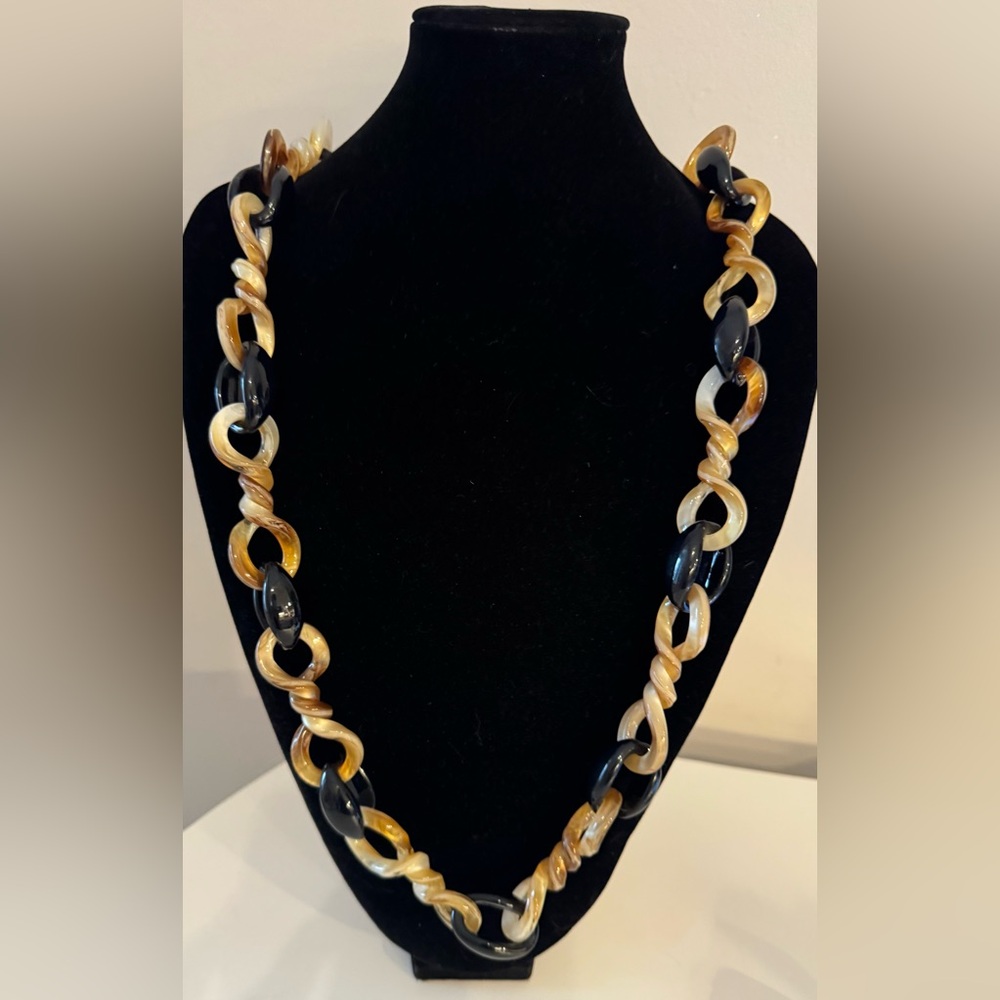 Vintage Long Chunky Resin Chain Necklace in Black, Cream & Gold.